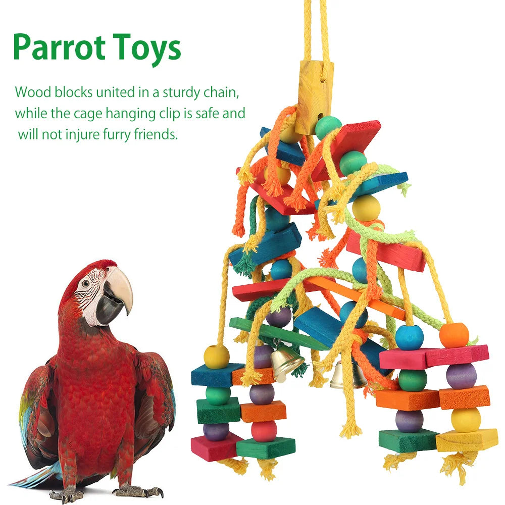 Colorful Parrot Chew Toys Natural Wooden Birds Perch Hanging Chewing Swings Cage Toy Pet Bird Climbing Ladder Game Supplies
