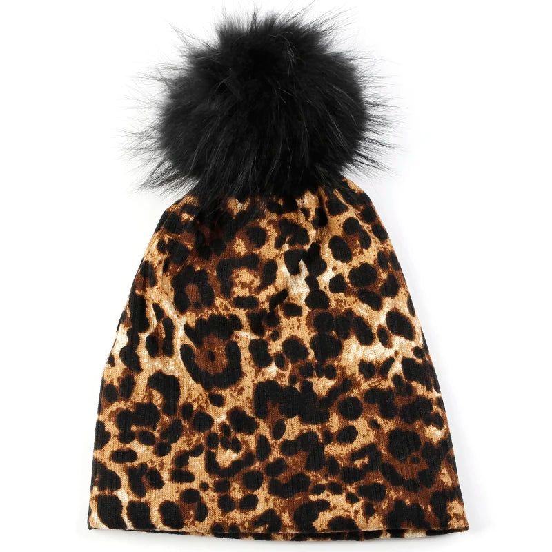 Women Casual Beanie Caps Autumn Winter Warm Beanies Female Fashion New Skullies Hats Leopard Print With Real Raccoon Fur Pompom