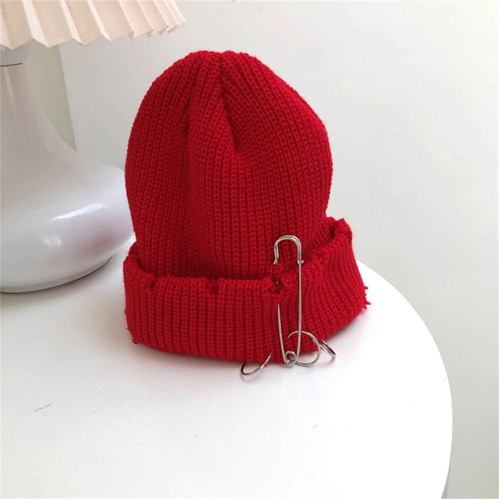 Hat for Women Autumn and Winter Ring Pin Street Hip-Hop Woolen Hats with Holes Edging Knit Cap Men's Trendy Cold-proof Beanies