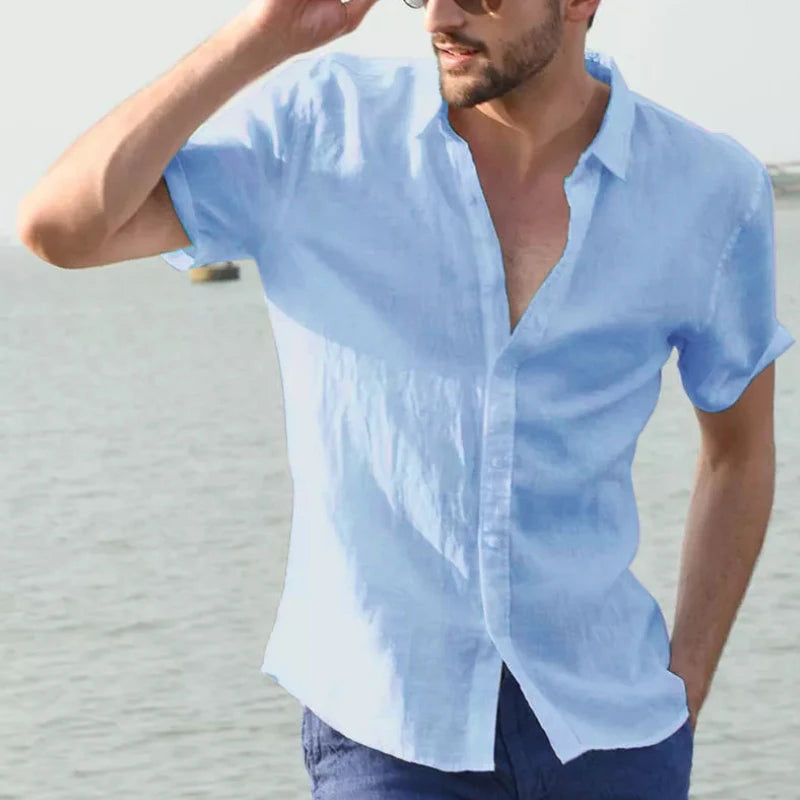 Men's Casual Short Sleeve Shirts Leisure Street Wear Lapel Button-down Solid Color Shirts for Men Vintage Vacation Blouse M-3XL