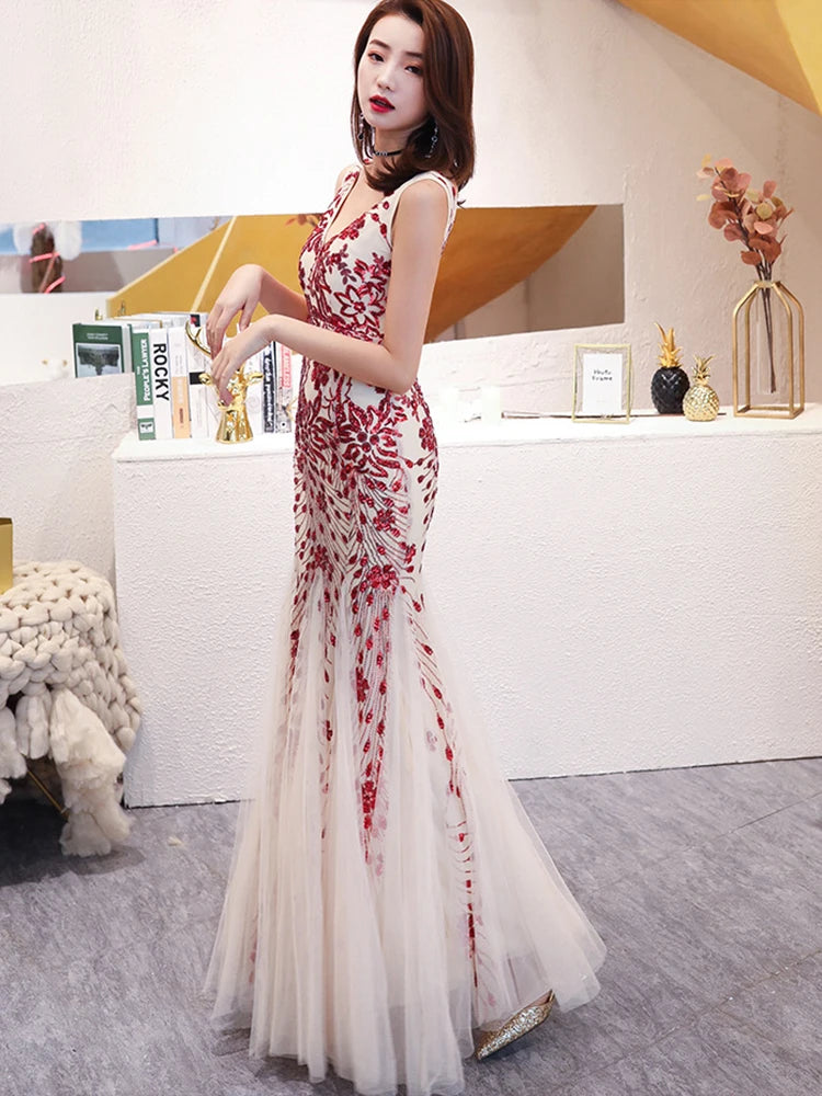 WomenSleveless Evening Dresses Elegant Mermaid Formal Dress Tull Sequind Prom Gown  Lace Robe De Soriee Long Evening Party Dress