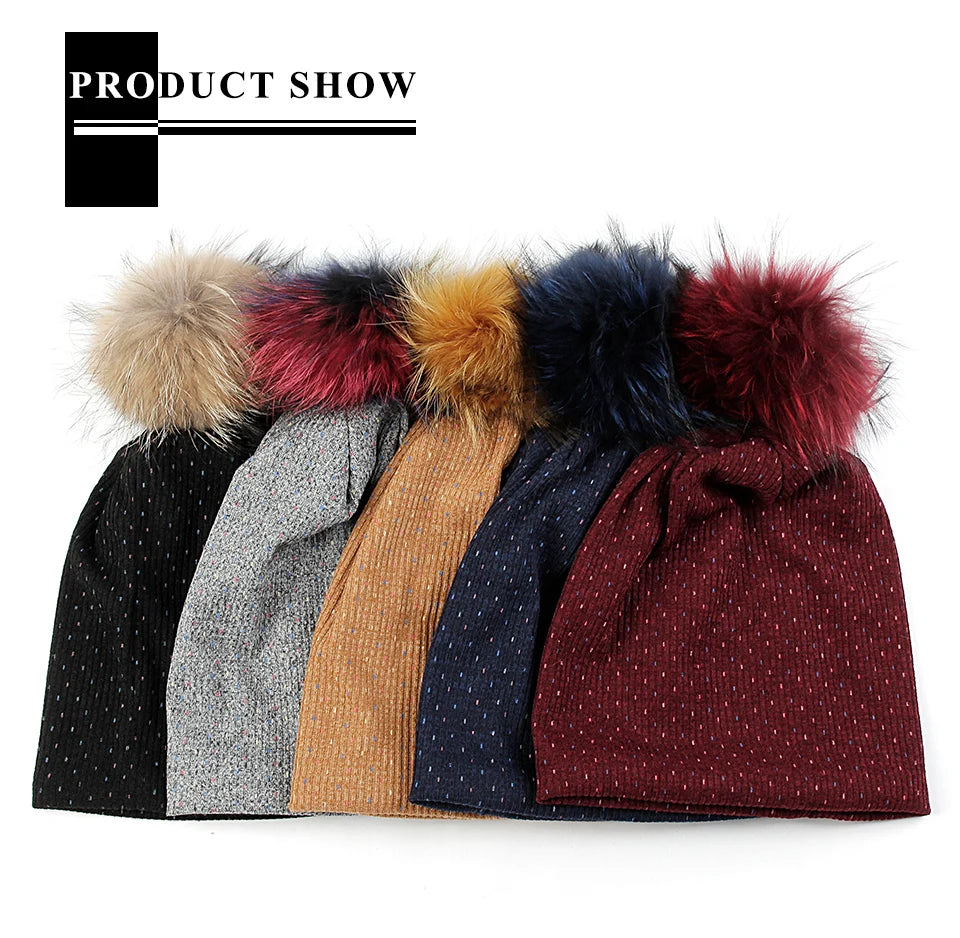 Women Casual Beanie Caps Autumn Winter Warm Beanies Female Fashion New Skullies Hats Leopard Print With Real Raccoon Fur Pompom