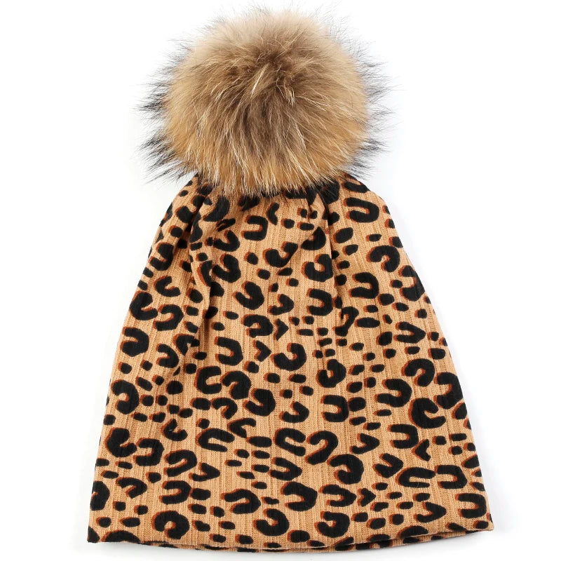 Women Casual Beanie Caps Autumn Winter Warm Beanies Female Fashion New Skullies Hats Leopard Print With Real Raccoon Fur Pompom