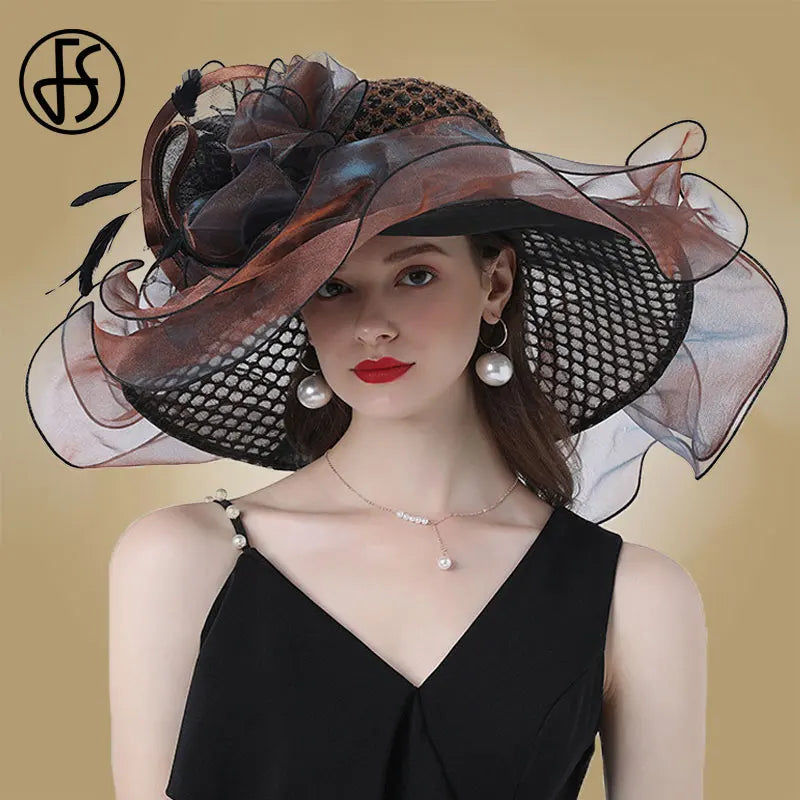 FS Women Organza Red Hats Wedding Fascinators Elegant Big Wide Brim Fedora Kentucky Derby Hats Party Formal Church Ladies Hat