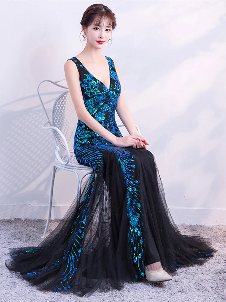 WomenSleveless Evening Dresses Elegant Mermaid Formal Dress Tull Sequind Prom Gown  Lace Robe De Soriee Long Evening Party Dress