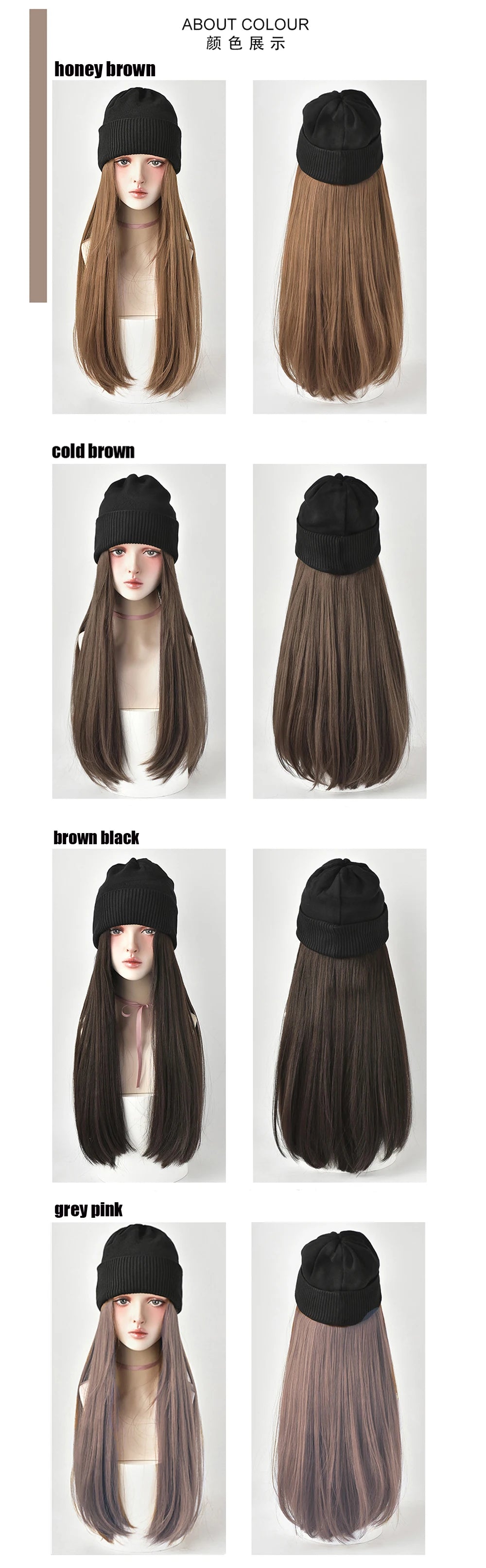 Beanies Hat With Hair Wigs For Women 24 inch Long Straight Hair Synthetic Wig Warm Soft Ski Knitted Autumn Winter Cap