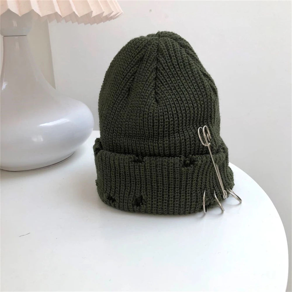 Hat for Women Autumn and Winter Ring Pin Street Hip-Hop Woolen Hats with Holes Edging Knit Cap Men's Trendy Cold-proof Beanies