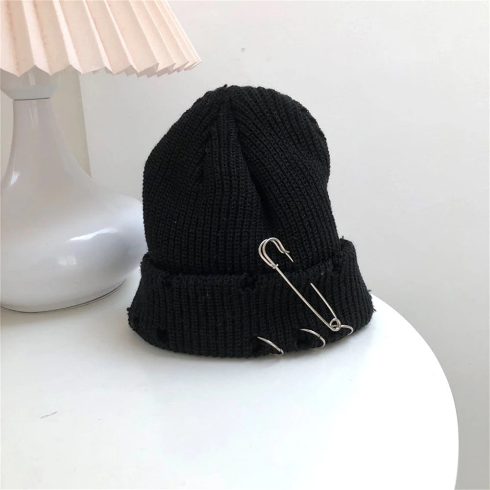 Hat for Women Autumn and Winter Ring Pin Street Hip-Hop Woolen Hats with Holes Edging Knit Cap Men's Trendy Cold-proof Beanies