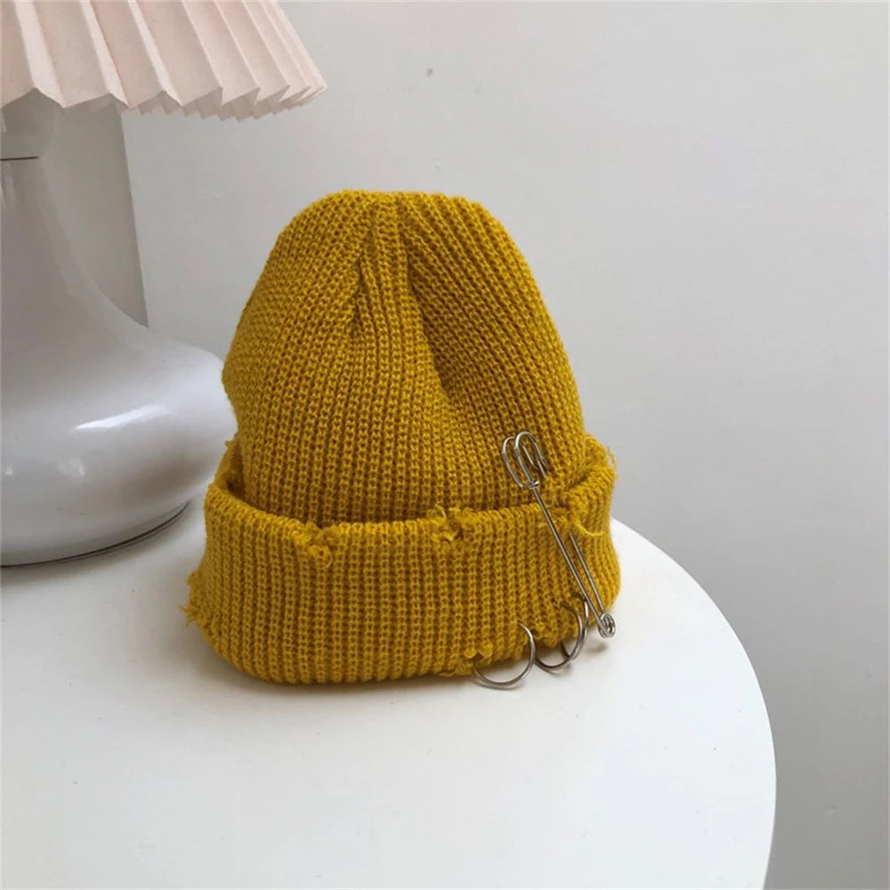 Hat for Women Autumn and Winter Ring Pin Street Hip-Hop Woolen Hats with Holes Edging Knit Cap Men's Trendy Cold-proof Beanies