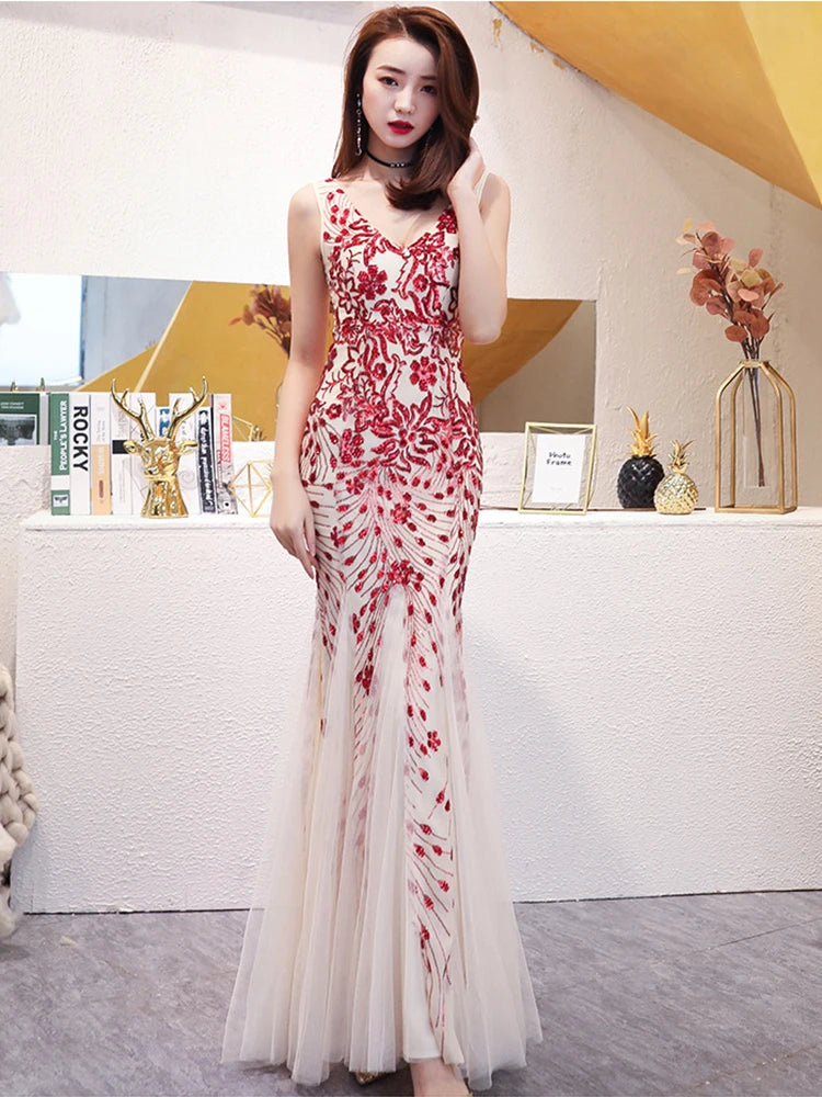WomenSleveless Evening Dresses Elegant Mermaid Formal Dress Tull Sequind Prom Gown  Lace Robe De Soriee Long Evening Party Dress