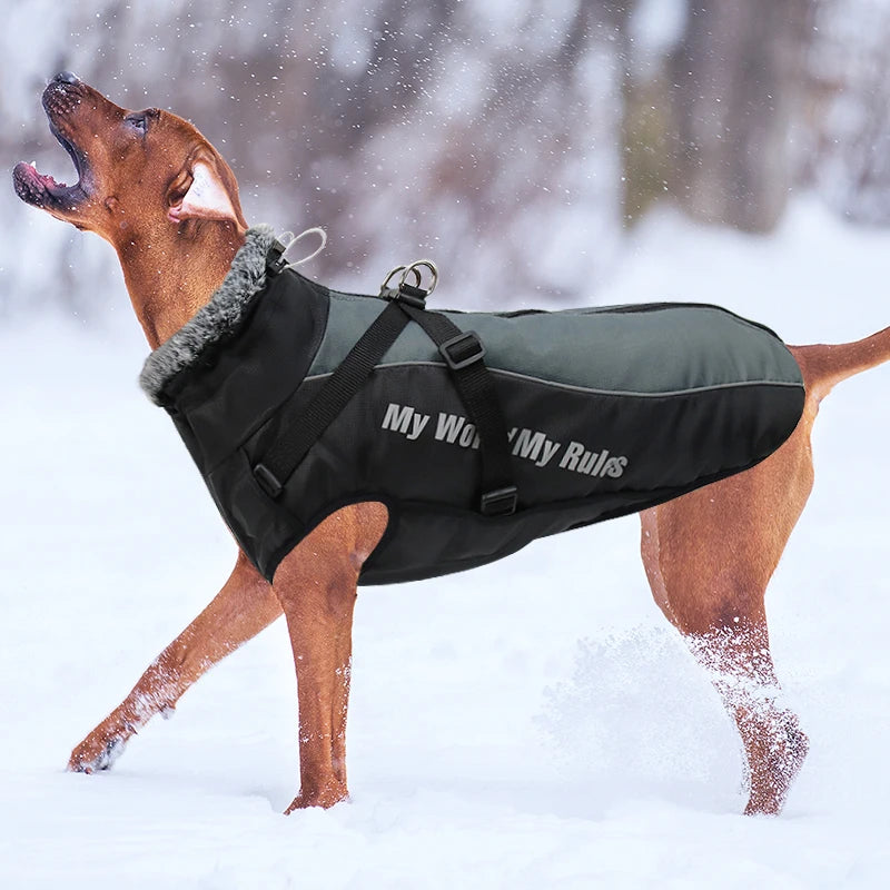 Large Dog Jacket Fur Collar Winter Dogs Clothes For Pet Waterproof Big Dog Coat With Removable Harness French Bulldog Pug Outfit