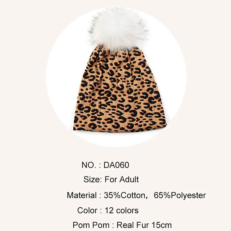 Women Casual Beanie Caps Autumn Winter Warm Beanies Female Fashion New Skullies Hats Leopard Print With Real Raccoon Fur Pompom