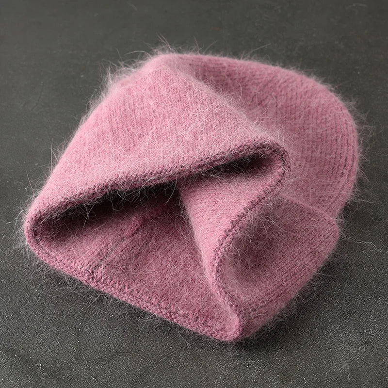 2024 Angora Winter Hat For Womens Rabbit Fur Fluffy Knitted Beanies Hat  Bonnet Female Soft  Warm SKI Skullies  Beanies