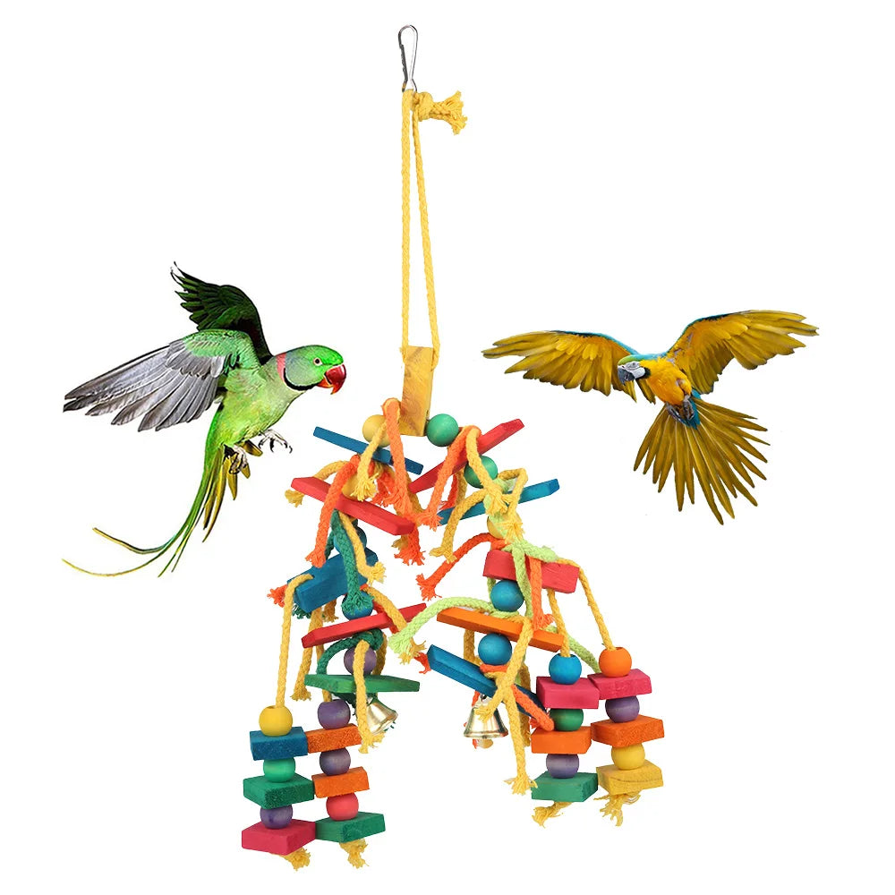 Colorful Parrot Chew Toys Natural Wooden Birds Perch Hanging Chewing Swings Cage Toy Pet Bird Climbing Ladder Game Supplies