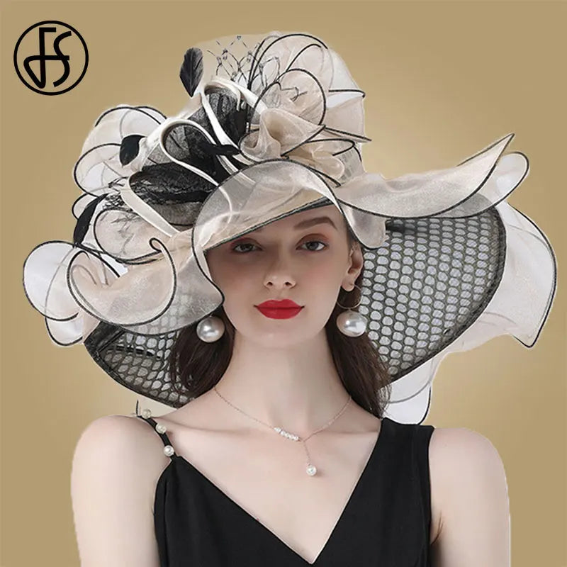 FS Women Organza Red Hats Wedding Fascinators Elegant Big Wide Brim Fedora Kentucky Derby Hats Party Formal Church Ladies Hat