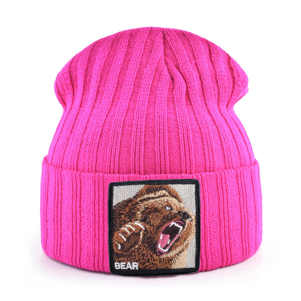 Embroidery Bear Knitted Beanies Hat Men Solid Color Autumn Winter Knitting Boy Skullies Caps Women Streetwear Kpop Gorras Bonnet
