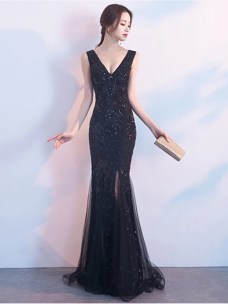 WomenSleveless Evening Dresses Elegant Mermaid Formal Dress Tull Sequind Prom Gown  Lace Robe De Soriee Long Evening Party Dress