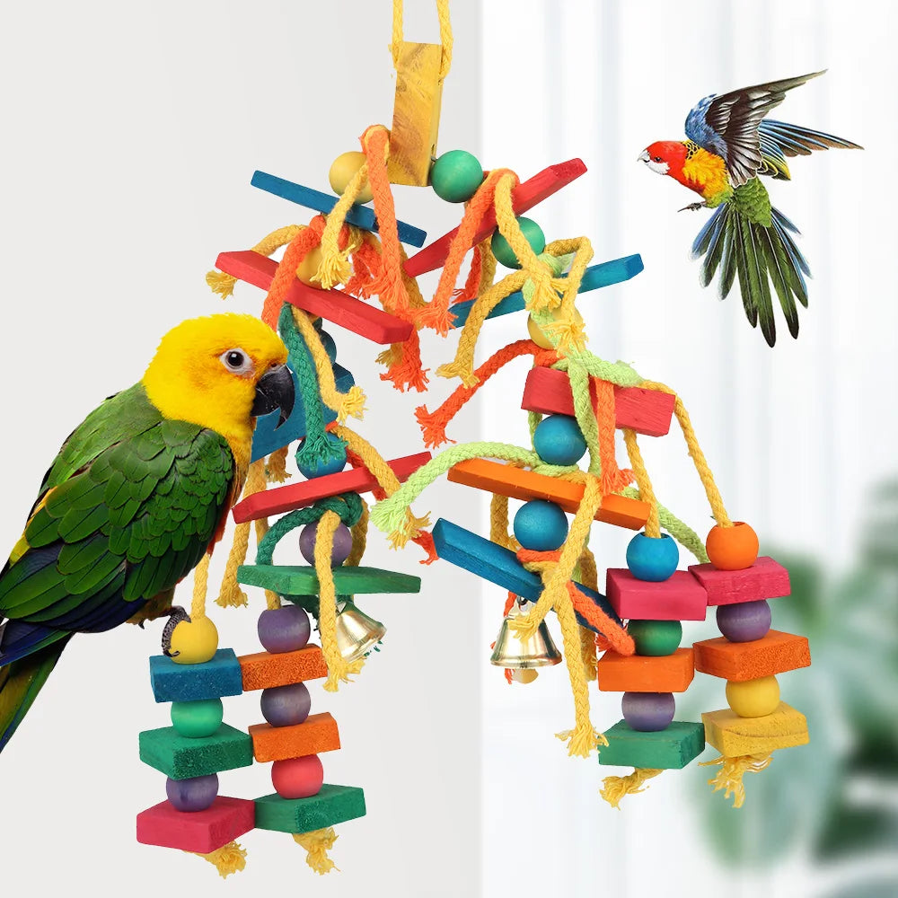 Colorful Parrot Chew Toys Natural Wooden Birds Perch Hanging Chewing Swings Cage Toy Pet Bird Climbing Ladder Game Supplies