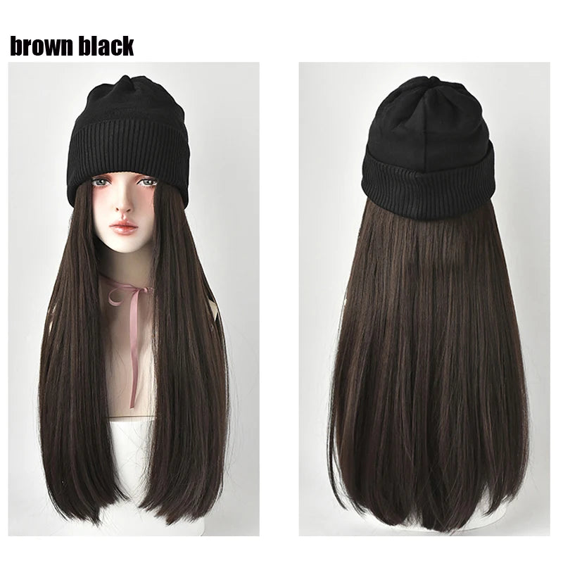 Beanies Hat With Hair Wigs For Women 24 inch Long Straight Hair Synthetic Wig Warm Soft Ski Knitted Autumn Winter Cap