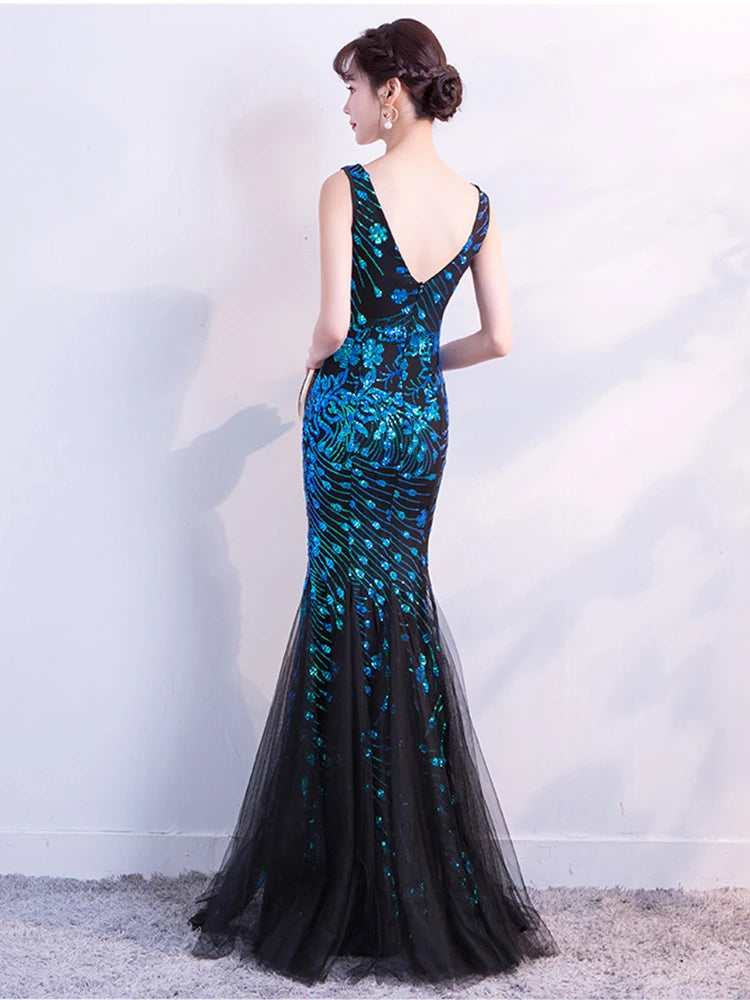 WomenSleveless Evening Dresses Elegant Mermaid Formal Dress Tull Sequind Prom Gown  Lace Robe De Soriee Long Evening Party Dress