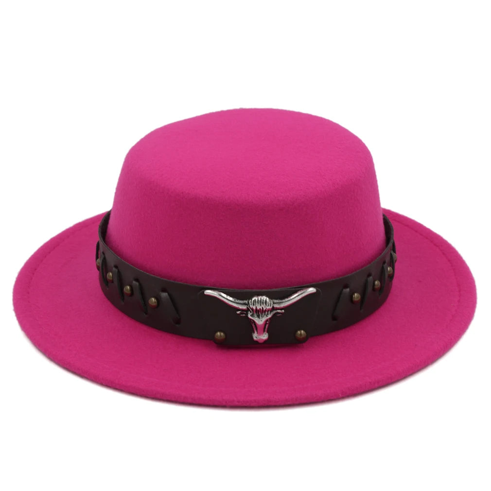 Women's Men's Flat Top Hat Boater Cap Bowler Sailor Wide Brim Fedora Hats with Western Tauren Leather Belt