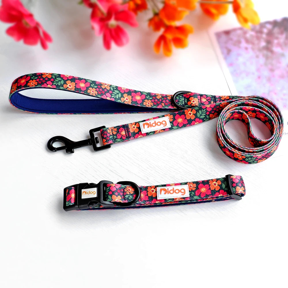 Print Nylon Dog Collar and Leash Set Adjustable Puppy Collars Soft Pet Necklace Walking Leash For Small Medium Dogs Cats Bulldog