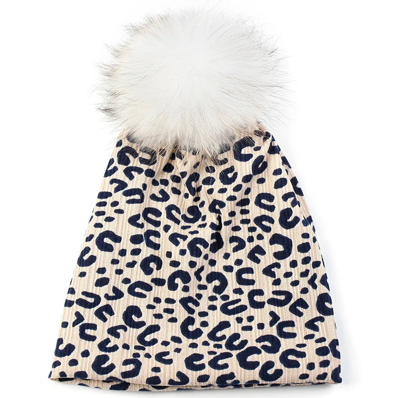 Women Casual Beanie Caps Autumn Winter Warm Beanies Female Fashion New Skullies Hats Leopard Print With Real Raccoon Fur Pompom