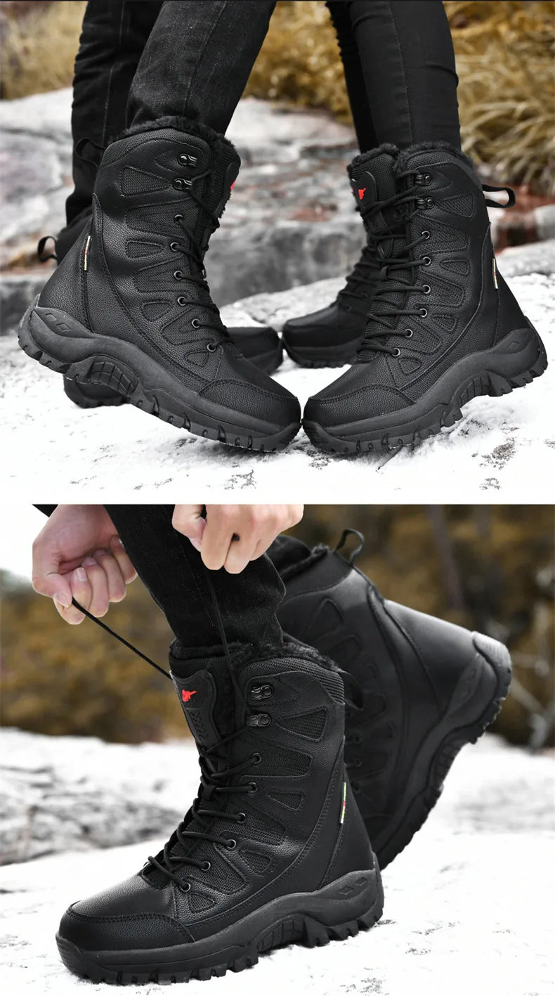 New Warm Plush Snow Boots Men Lace Up Casual High Top Men's Boots Waterproof Winter Boots Anti-Slip Ankle Boots Army Work Boots