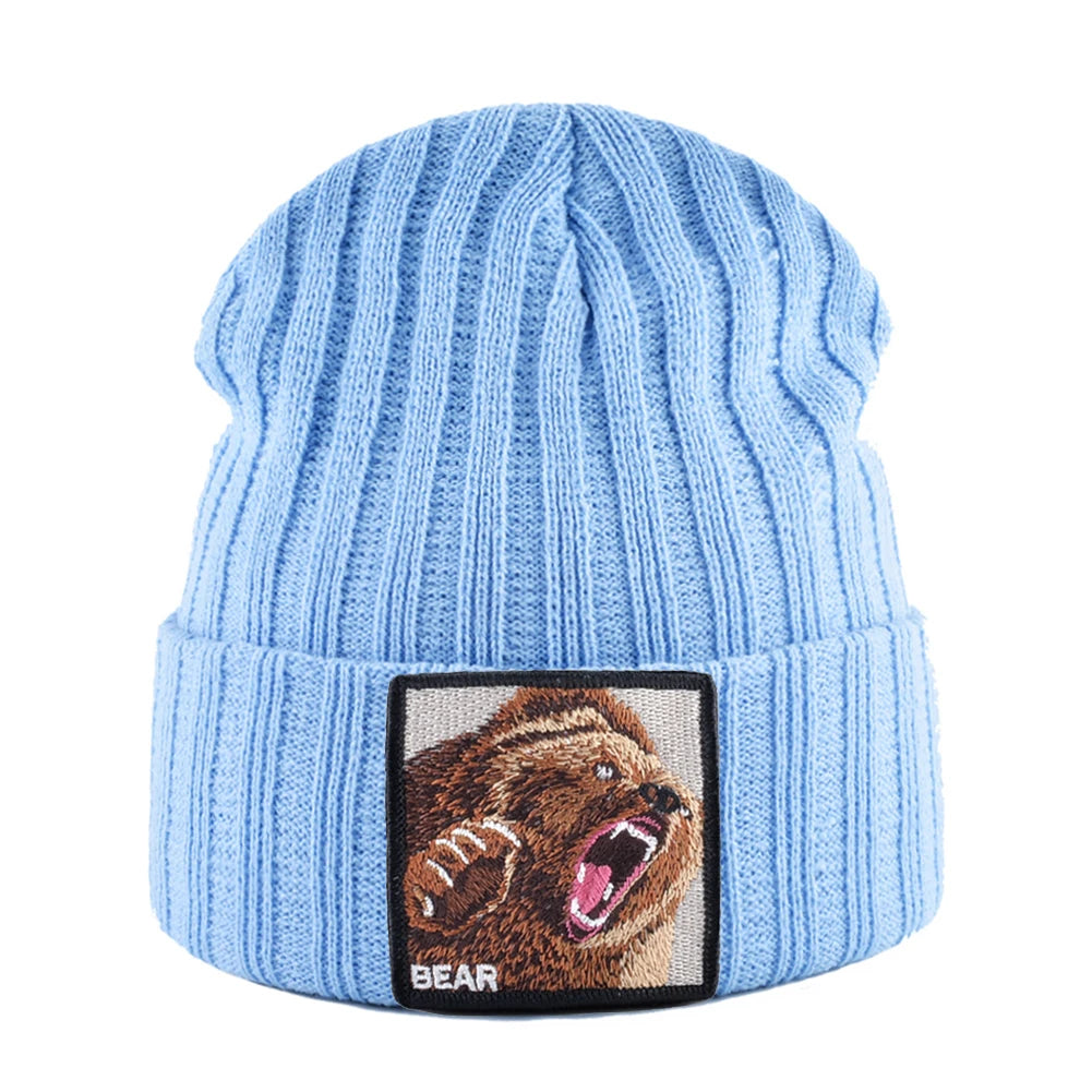 Embroidery Bear Knitted Beanies Hat Men Solid Color Autumn Winter Knitting Boy Skullies Caps Women Streetwear Kpop Gorras Bonnet