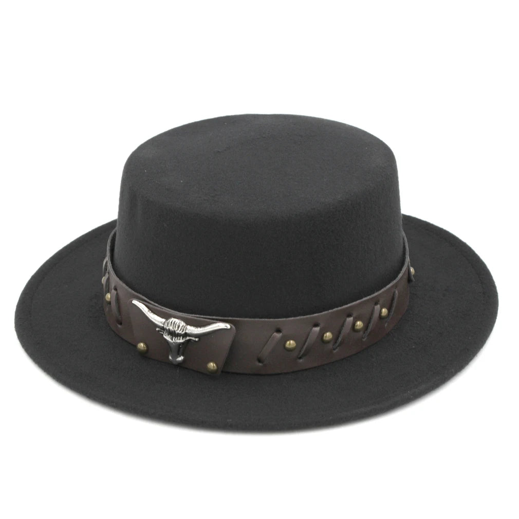 Women's Men's Flat Top Hat Boater Cap Bowler Sailor Wide Brim Fedora Hats with Western Tauren Leather Belt