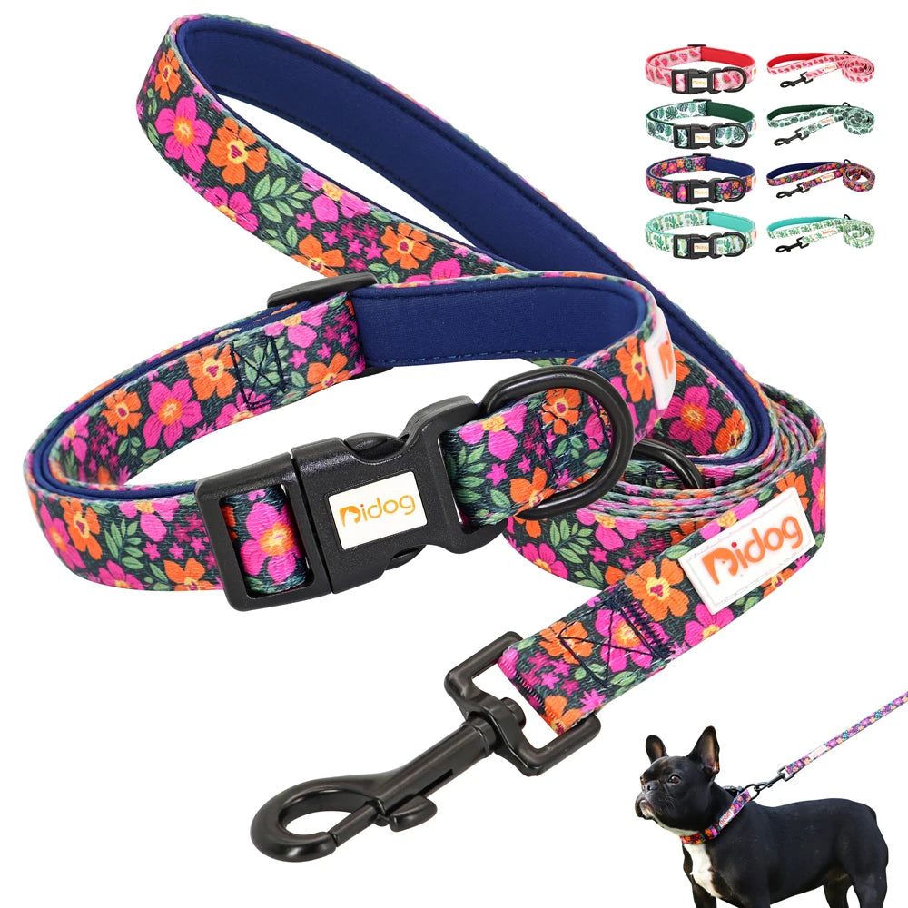 Print Nylon Dog Collar and Leash Set Adjustable Puppy Collars Soft Pet Necklace Walking Leash For Small Medium Dogs Cats Bulldog