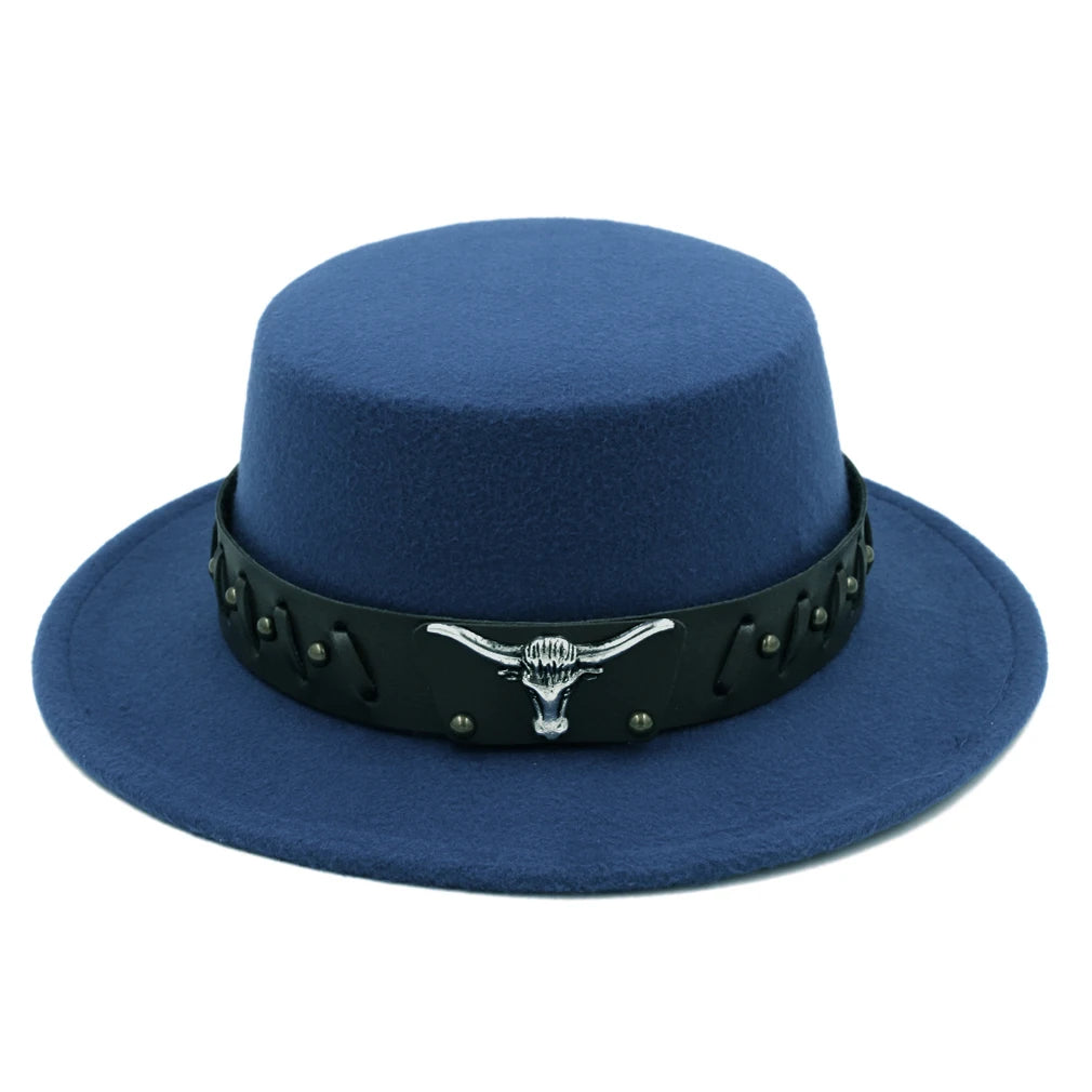 Women's Men's Flat Top Hat Boater Cap Bowler Sailor Wide Brim Fedora Hats with Western Tauren Leather Belt
