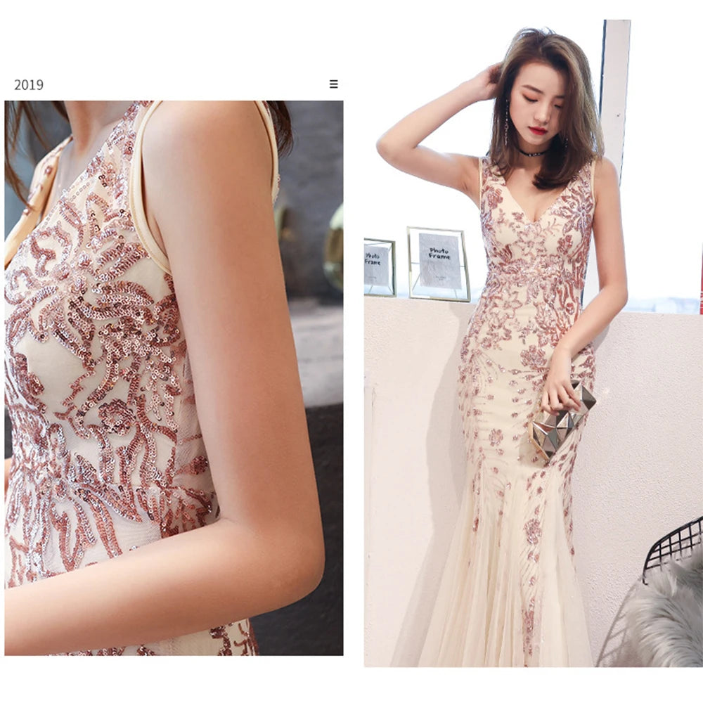 WomenSleveless Evening Dresses Elegant Mermaid Formal Dress Tull Sequind Prom Gown  Lace Robe De Soriee Long Evening Party Dress