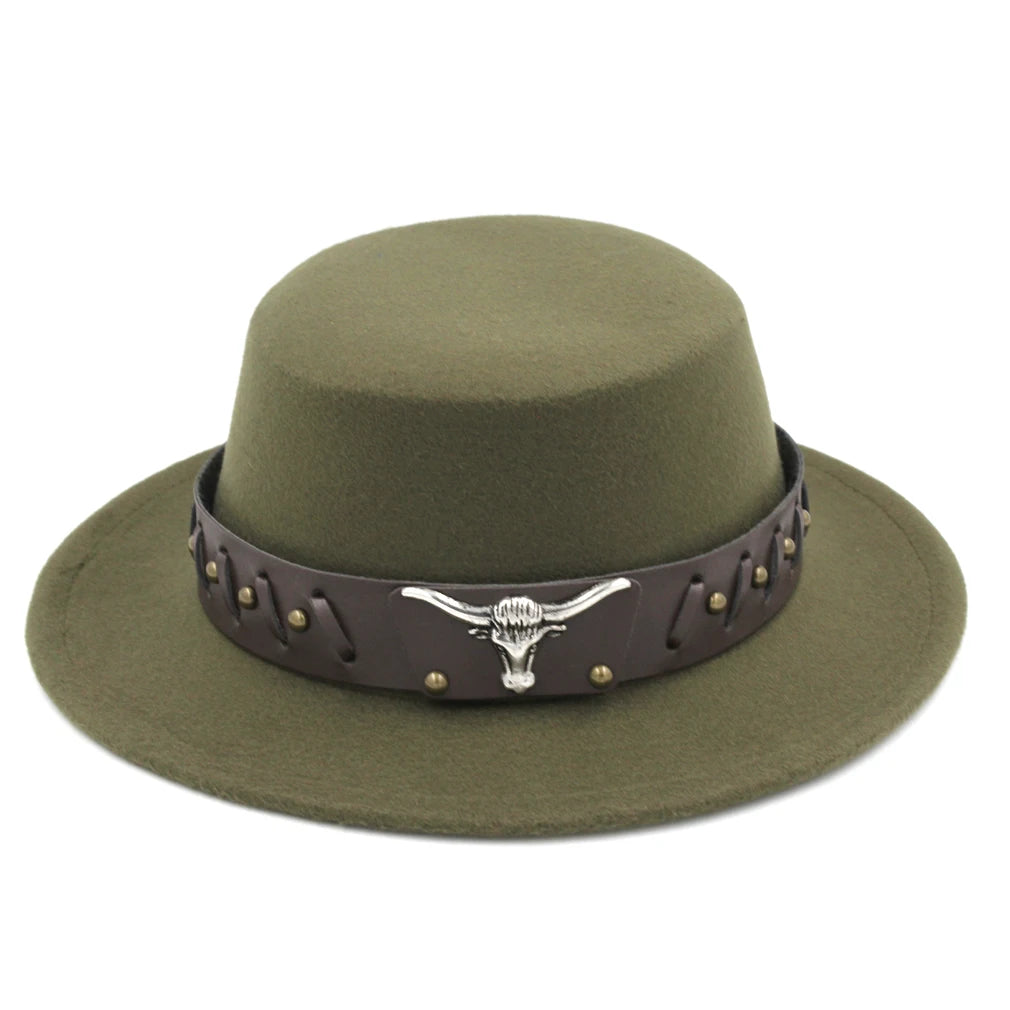 Women's Men's Flat Top Hat Boater Cap Bowler Sailor Wide Brim Fedora Hats with Western Tauren Leather Belt