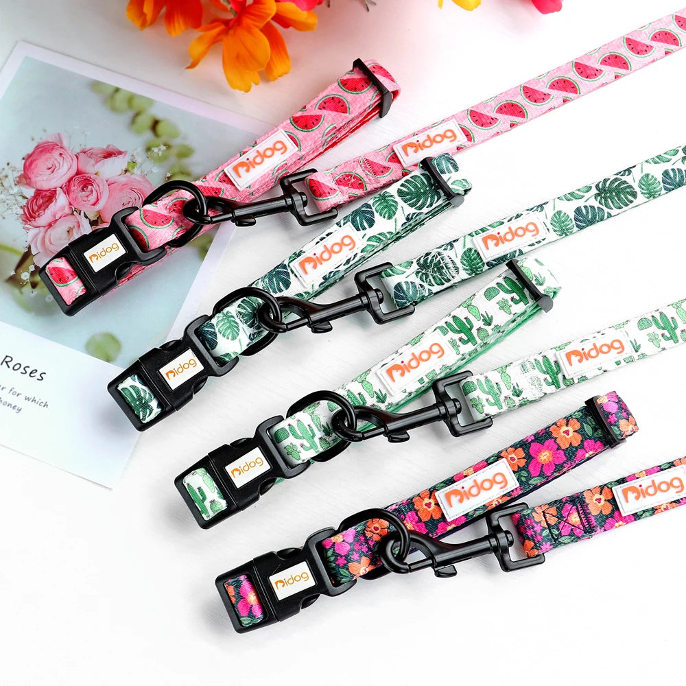 Print Nylon Dog Collar and Leash Set Adjustable Puppy Collars Soft Pet Necklace Walking Leash For Small Medium Dogs Cats Bulldog