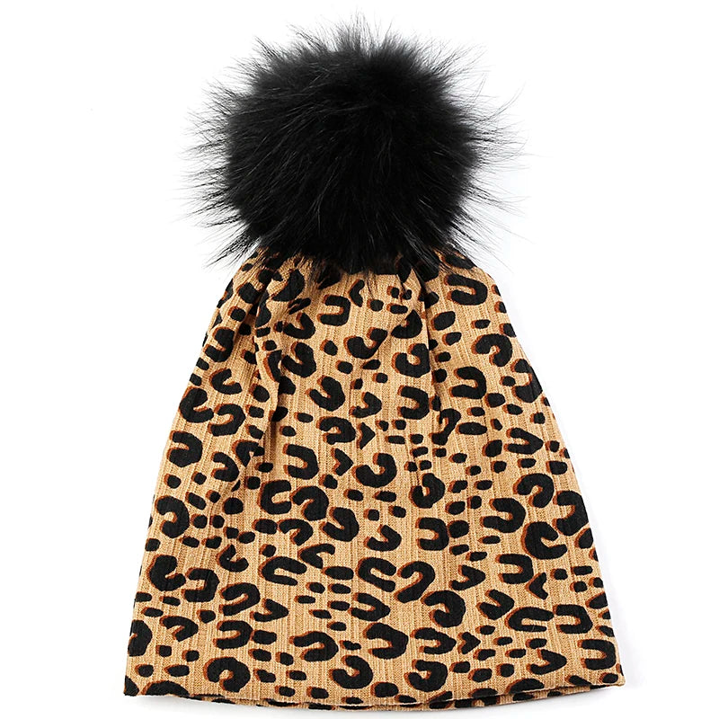 Women Casual Beanie Caps Autumn Winter Warm Beanies Female Fashion New Skullies Hats Leopard Print With Real Raccoon Fur Pompom