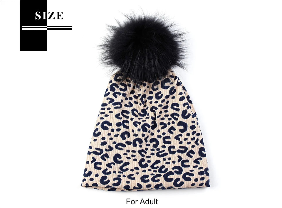 Women Casual Beanie Caps Autumn Winter Warm Beanies Female Fashion New Skullies Hats Leopard Print With Real Raccoon Fur Pompom