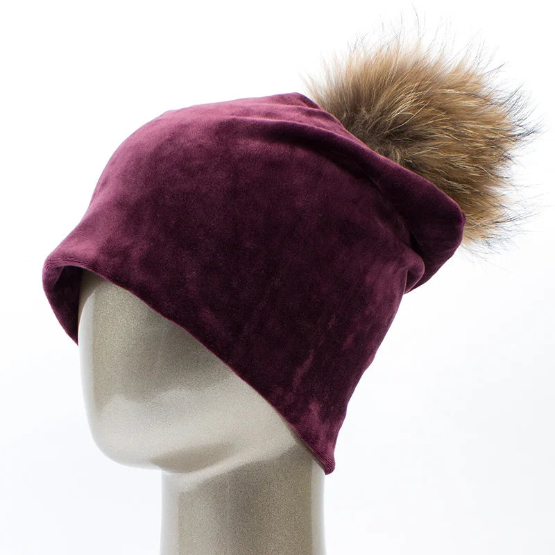 Geebro Women's Pom Pom Beanie Hat Casual Velvet Skullies Beanies Polyester Knitted Hats Warm Raccoon Fur Pompom Beanies Hat