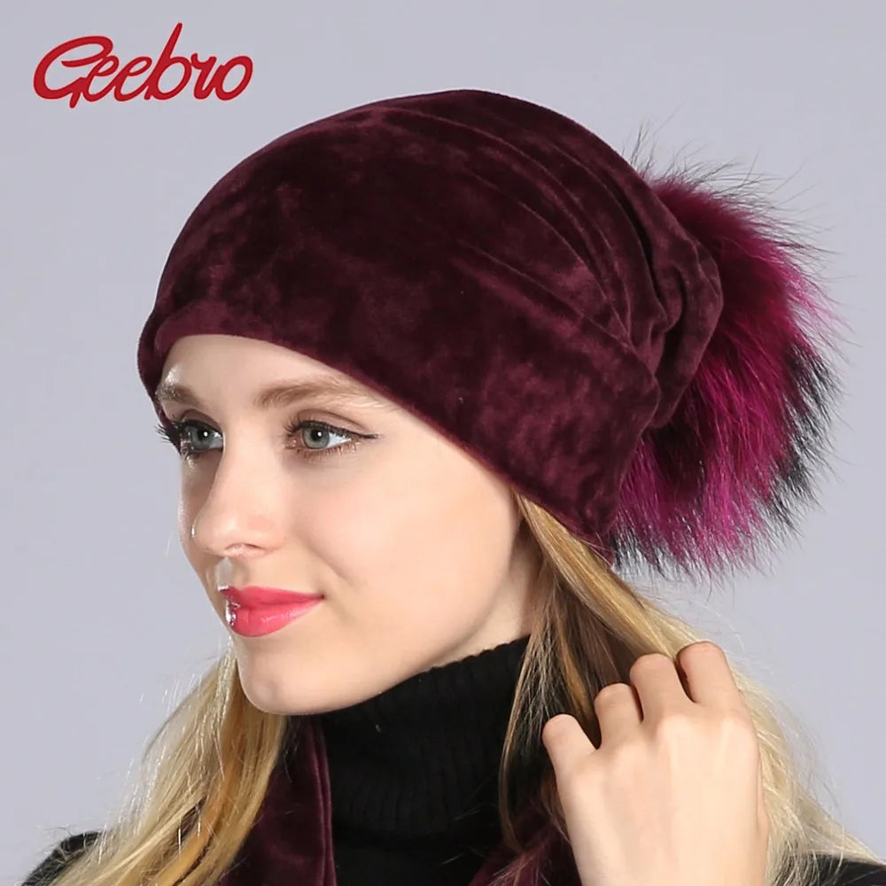 Geebro Women's Pom Pom Beanie Hat Casual Velvet Skullies Beanies Polyester Knitted Hats Warm Raccoon Fur Pompom Beanies Hat