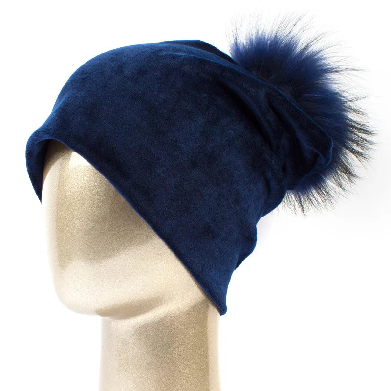 Geebro Women's Pom Pom Beanie Hat Casual Velvet Skullies Beanies Polyester Knitted Hats Warm Raccoon Fur Pompom Beanies Hat