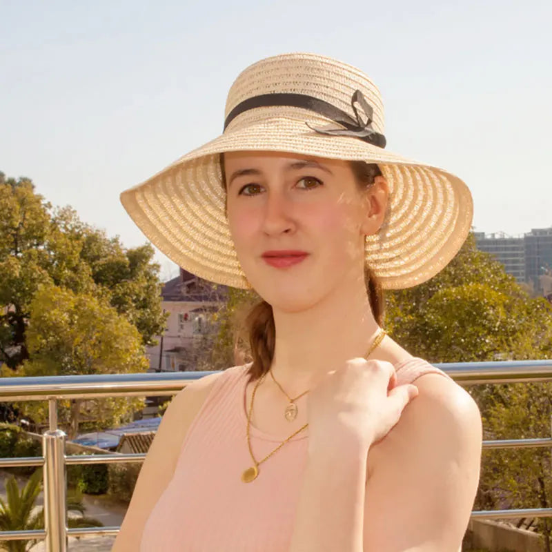 Straw Hat Summer Hats for Women Chapeau Femme for Beach Solid Beige Khaki with Bowknot