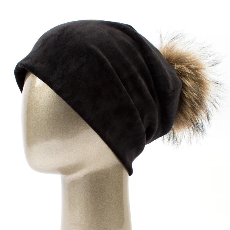 Geebro Women's Pom Pom Beanie Hat Casual Velvet Skullies Beanies Polyester Knitted Hats Warm Raccoon Fur Pompom Beanies Hat