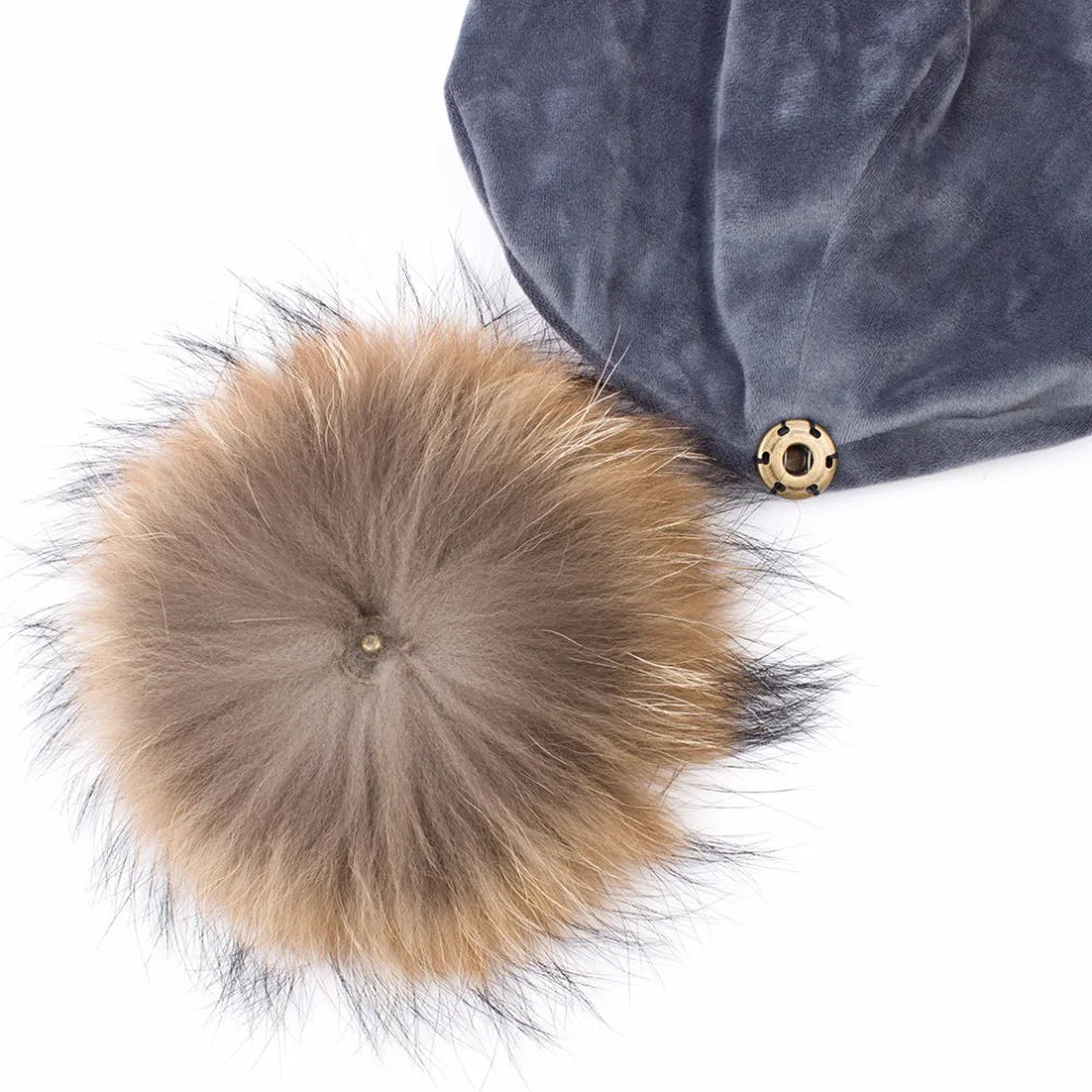 Geebro Women's Pom Pom Beanie Hat Casual Velvet Skullies Beanies Polyester Knitted Hats Warm Raccoon Fur Pompom Beanies Hat