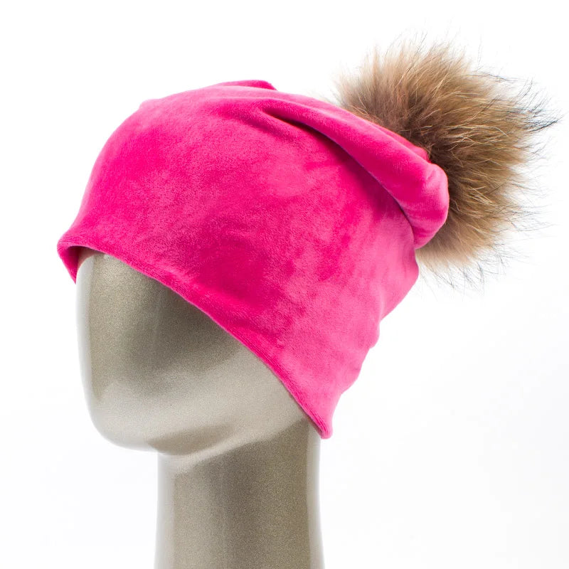 Geebro Women's Pom Pom Beanie Hat Casual Velvet Skullies Beanies Polyester Knitted Hats Warm Raccoon Fur Pompom Beanies Hat