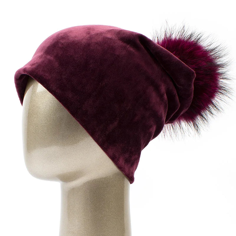 Geebro Women's Pom Pom Beanie Hat Casual Velvet Skullies Beanies Polyester Knitted Hats Warm Raccoon Fur Pompom Beanies Hat