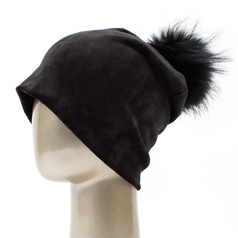 Geebro Women's Pom Pom Beanie Hat Casual Velvet Skullies Beanies Polyester Knitted Hats Warm Raccoon Fur Pompom Beanies Hat