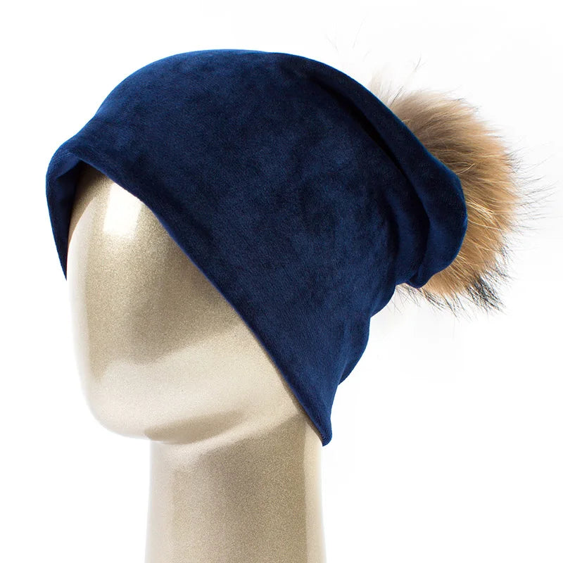 Geebro Women's Pom Pom Beanie Hat Casual Velvet Skullies Beanies Polyester Knitted Hats Warm Raccoon Fur Pompom Beanies Hat