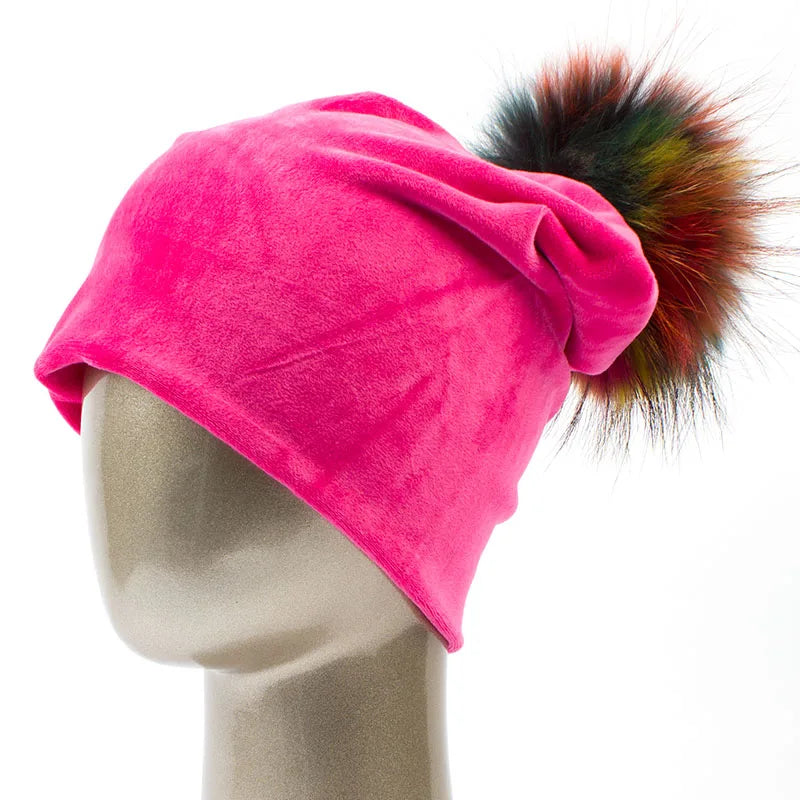 Geebro Women's Pom Pom Beanie Hat Casual Velvet Skullies Beanies Polyester Knitted Hats Warm Raccoon Fur Pompom Beanies Hat