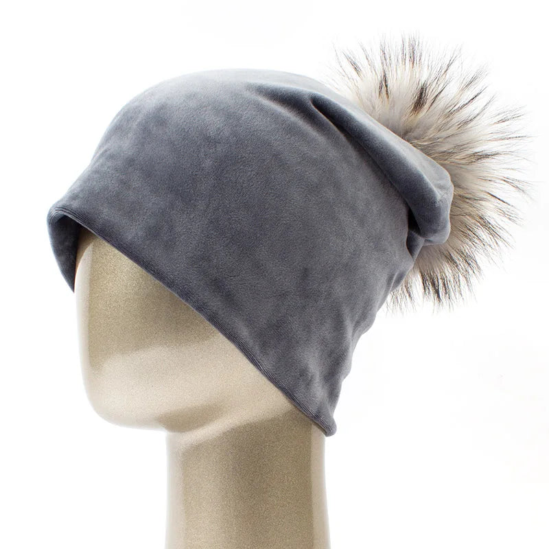 Geebro Women's Pom Pom Beanie Hat Casual Velvet Skullies Beanies Polyester Knitted Hats Warm Raccoon Fur Pompom Beanies Hat