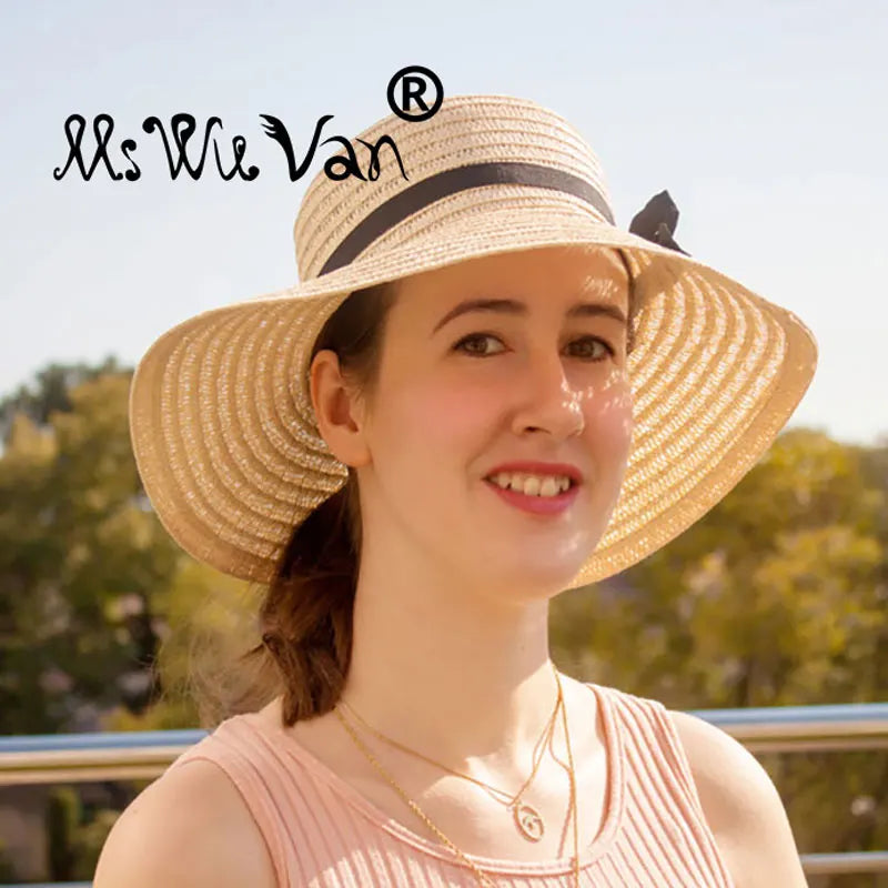 Straw Hat Summer Hats for Women Chapeau Femme for Beach Solid Beige Khaki with Bowknot